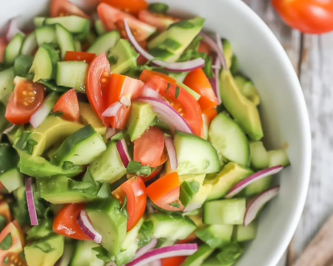 Fresh Tomato Cucumber Avocado salad with crispy veggies and zesty dressing.