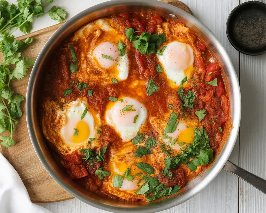 A delicious plate of Traditional Shakshuka with poached eggs in spicy tomato sauce.