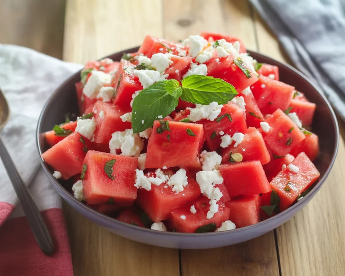 Refreshing Watermelon Feta Mint salad with juicy watermelon cubes and fresh mint leaves.