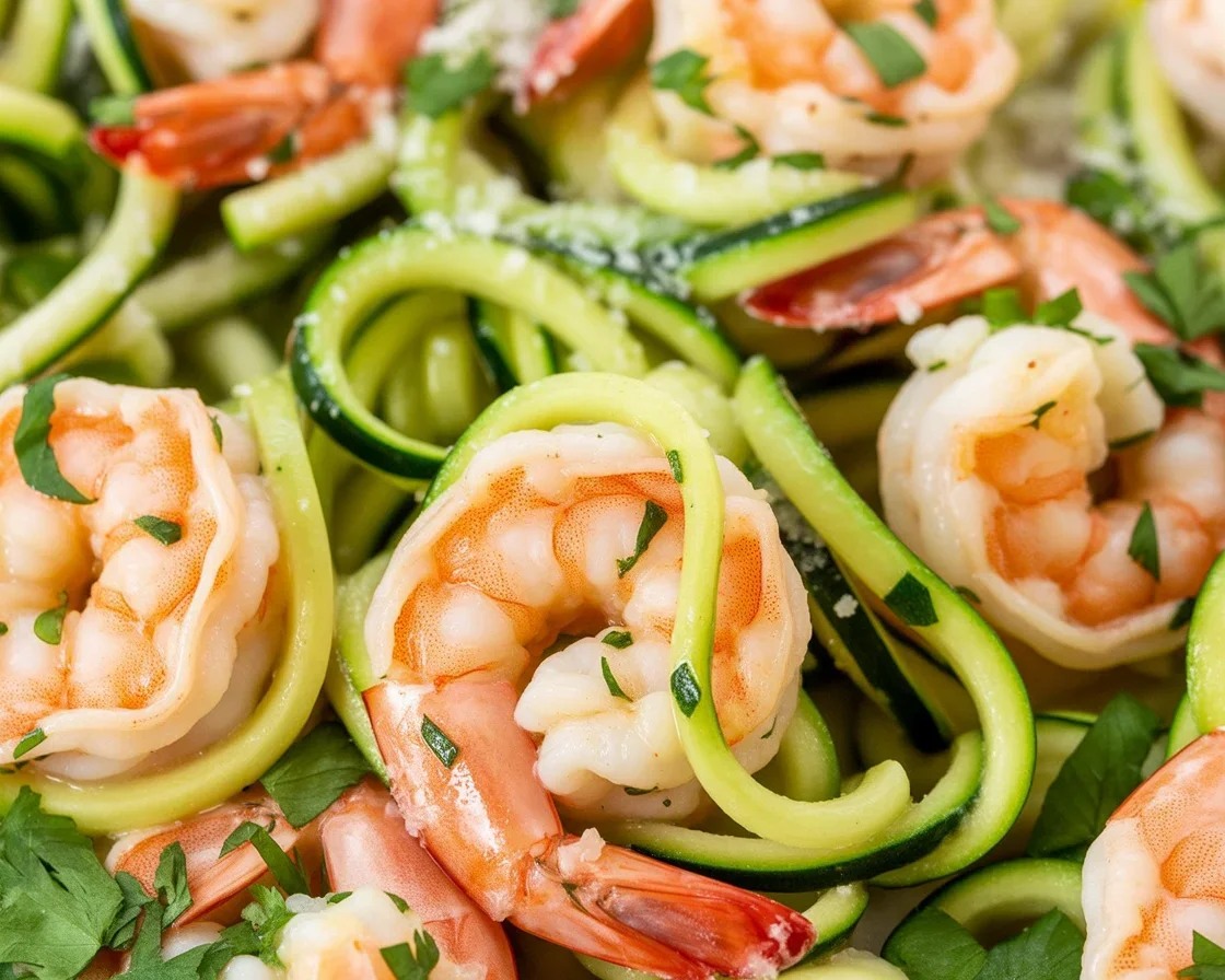 Delicious Zucchini Noodle Shrimp dish with garlic and lemon sauce.