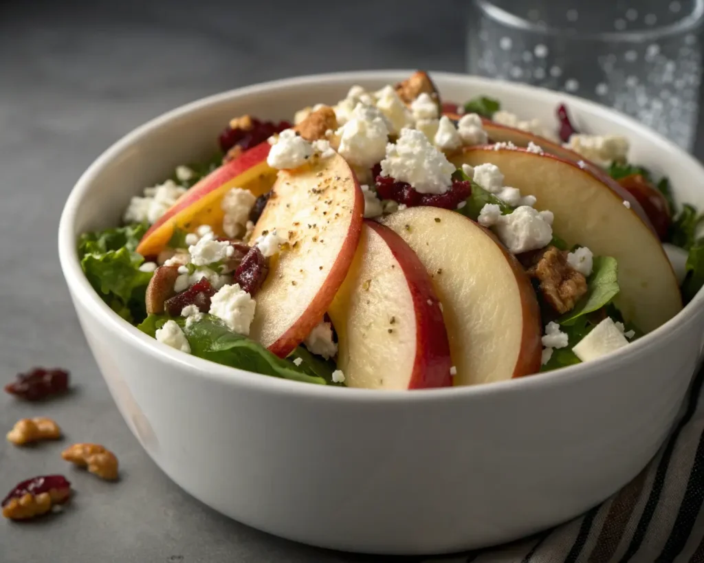 A close-up shot for autumn harvest honeycrisp apple and feta salad with visible white internal ceramic bowl, with gray dramatic lighting