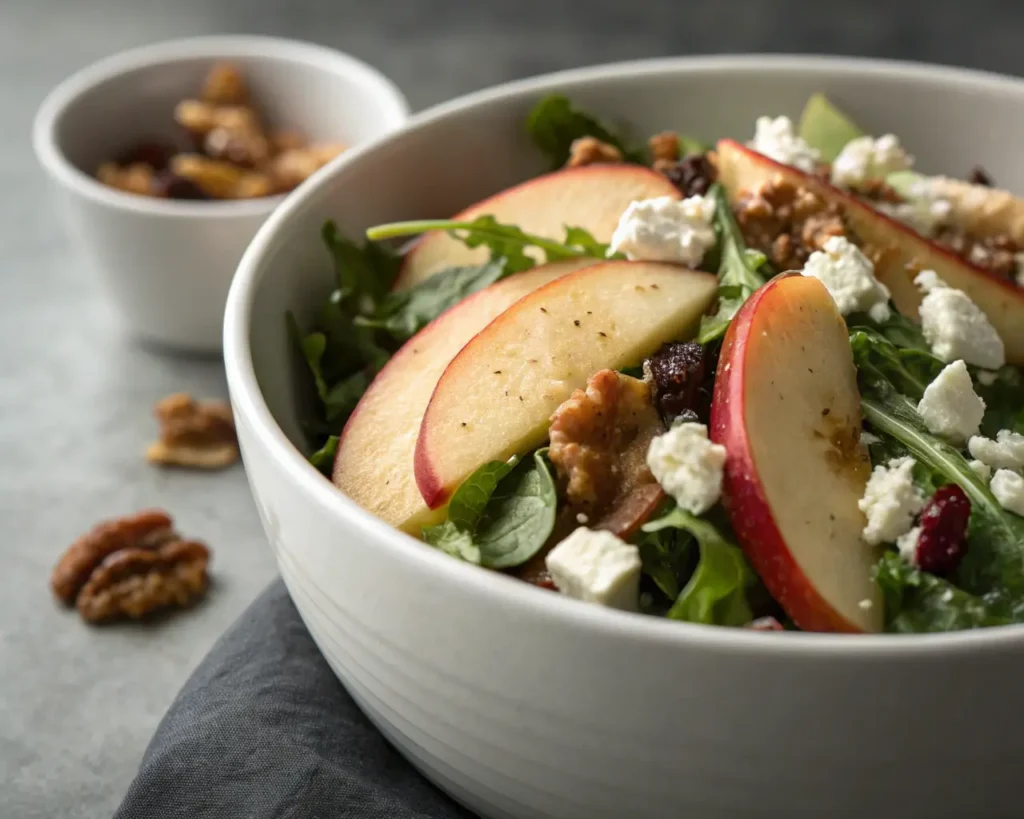 A close-up shot for fall autumn harvest honeycrisp apple and feta salad with visible white internal ceramic bowl