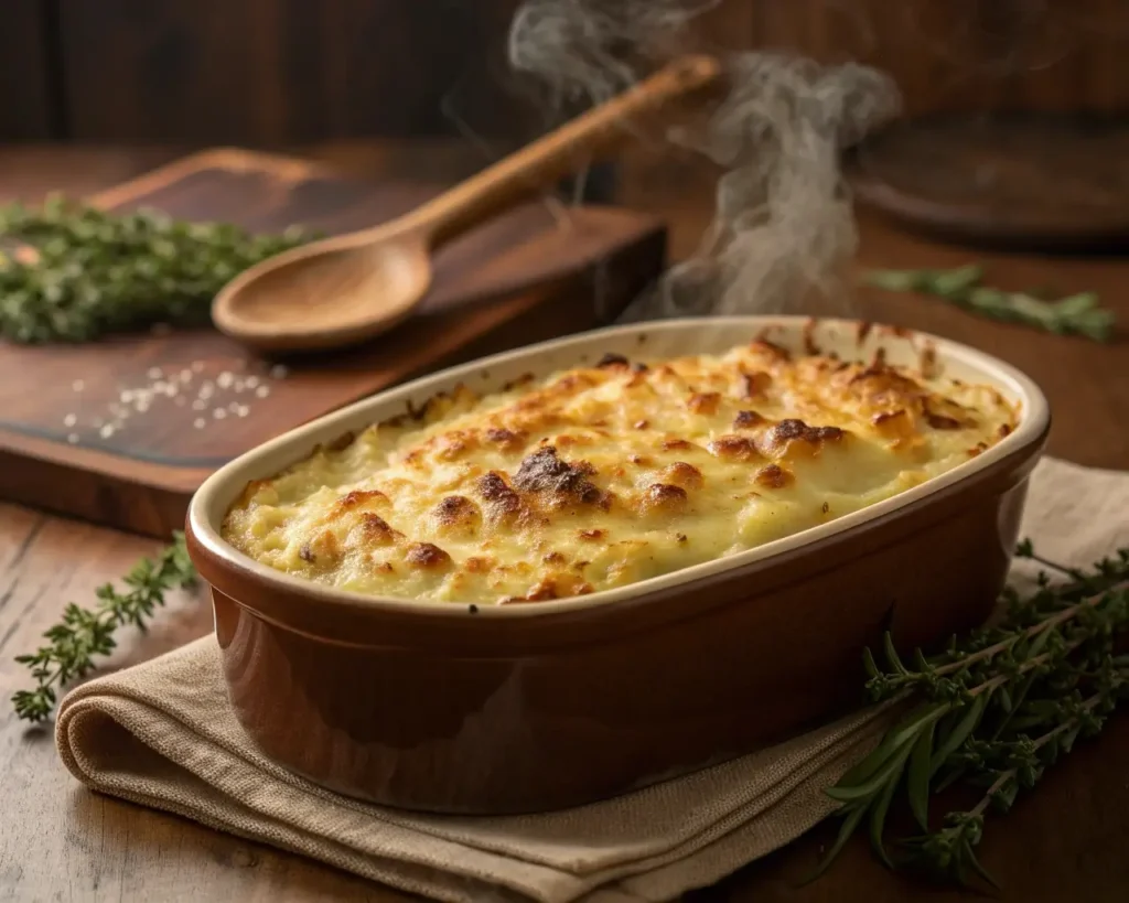 Golden bubbly baked mashed potatoes in ceramic dish with melted cheese topping and fresh herbs