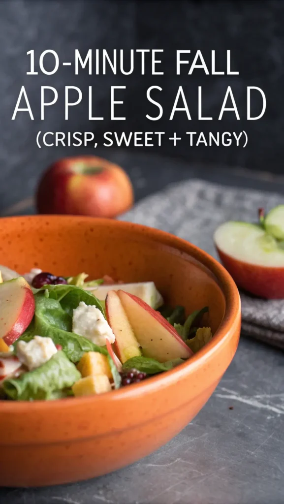 A close-up shot for Fall Apple Salad with visible orange internal ceramic bowl, with gray dramatic lighting