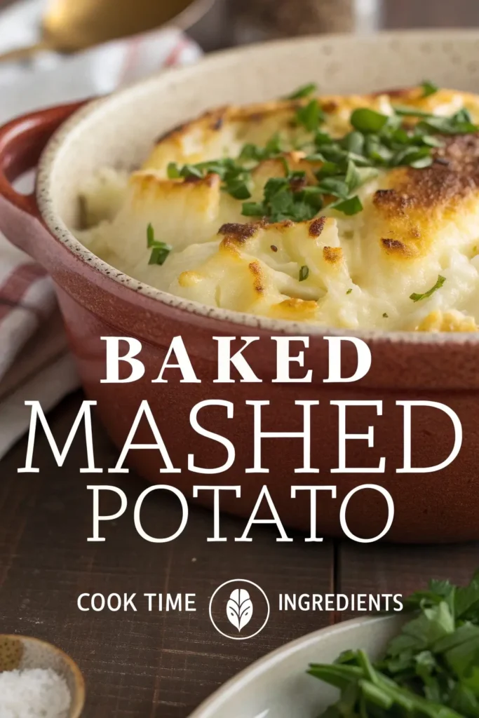a Pinterest pin showing golden bubbly baked mashed potatoes recipe with text overlay featuring recipe title and key benefits