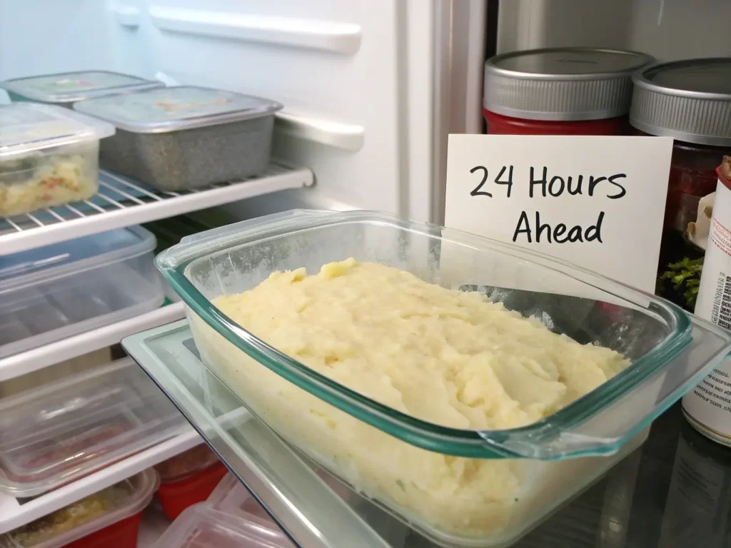 Make-ahead baked mashed potatoes covered and stored in refrigerator for meal prep