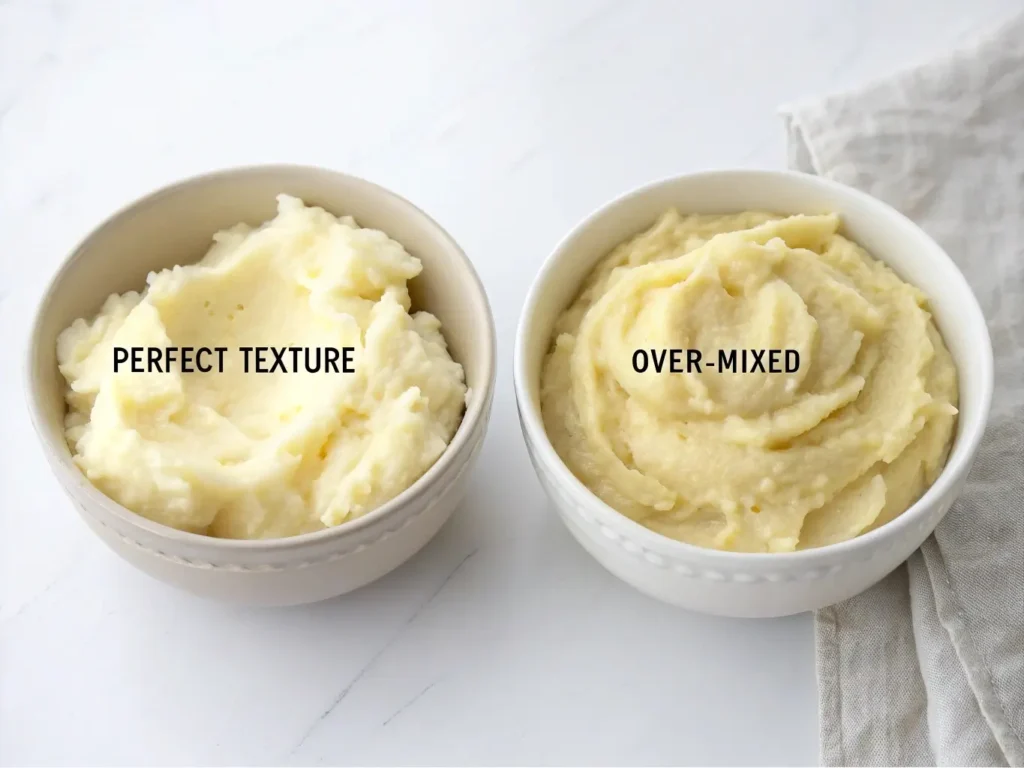 Texture comparison showing perfect creamy mashed potatoes versus over-mixed gluey result