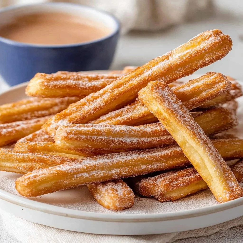 Freshly made air fryer churros served with chocolate dipping sauce