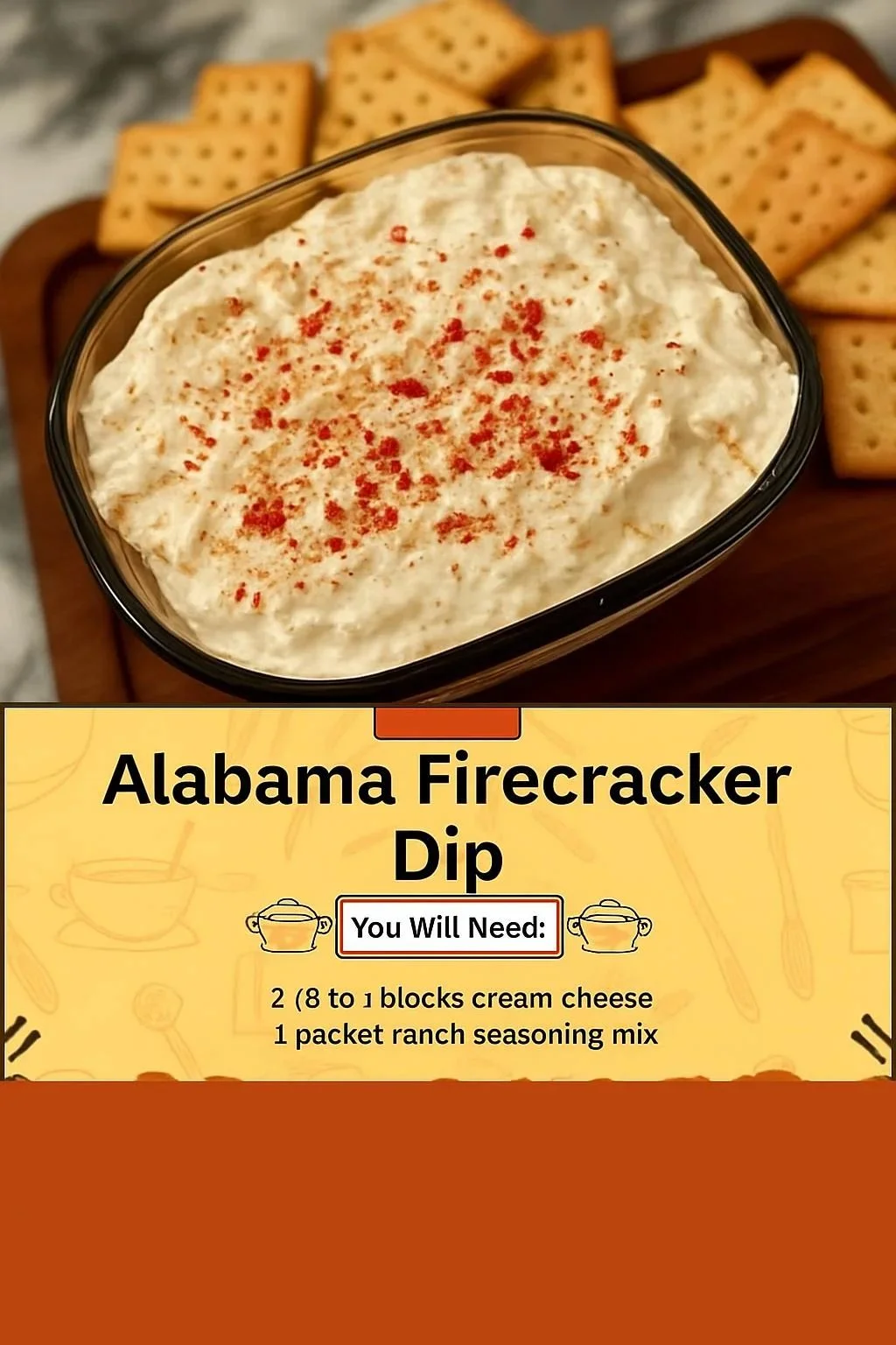 Bowl of Alabama Firecracker Dip garnished with colorful peppers and crackers