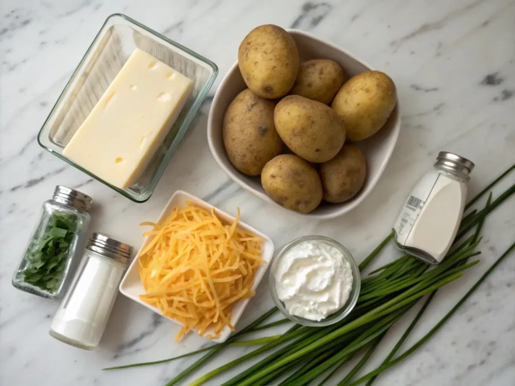 aked mashed potato ingredients including Yukon Gold potatoes, butter, sour cream, and cheddar cheese