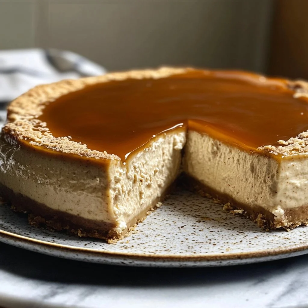 Delicious slice of Apple Cider Cheesecake topped with caramel and apple slices.