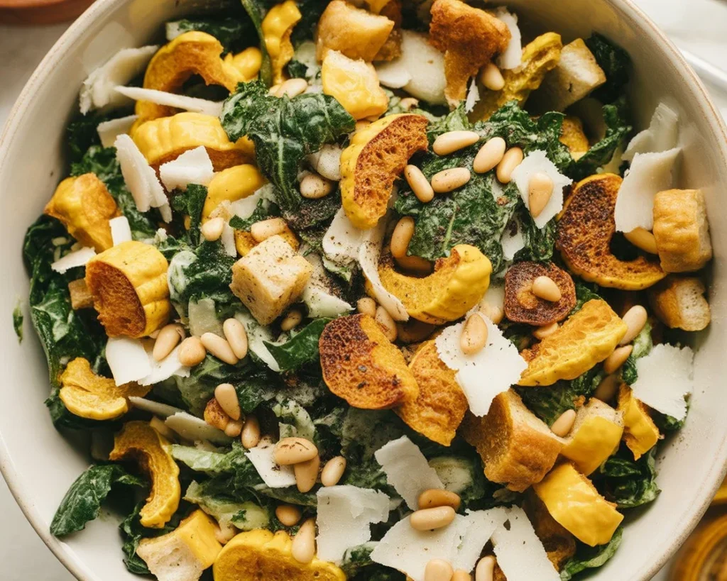 Autumn Caesar Salad with Delicata Squash Croutons served in a bowl