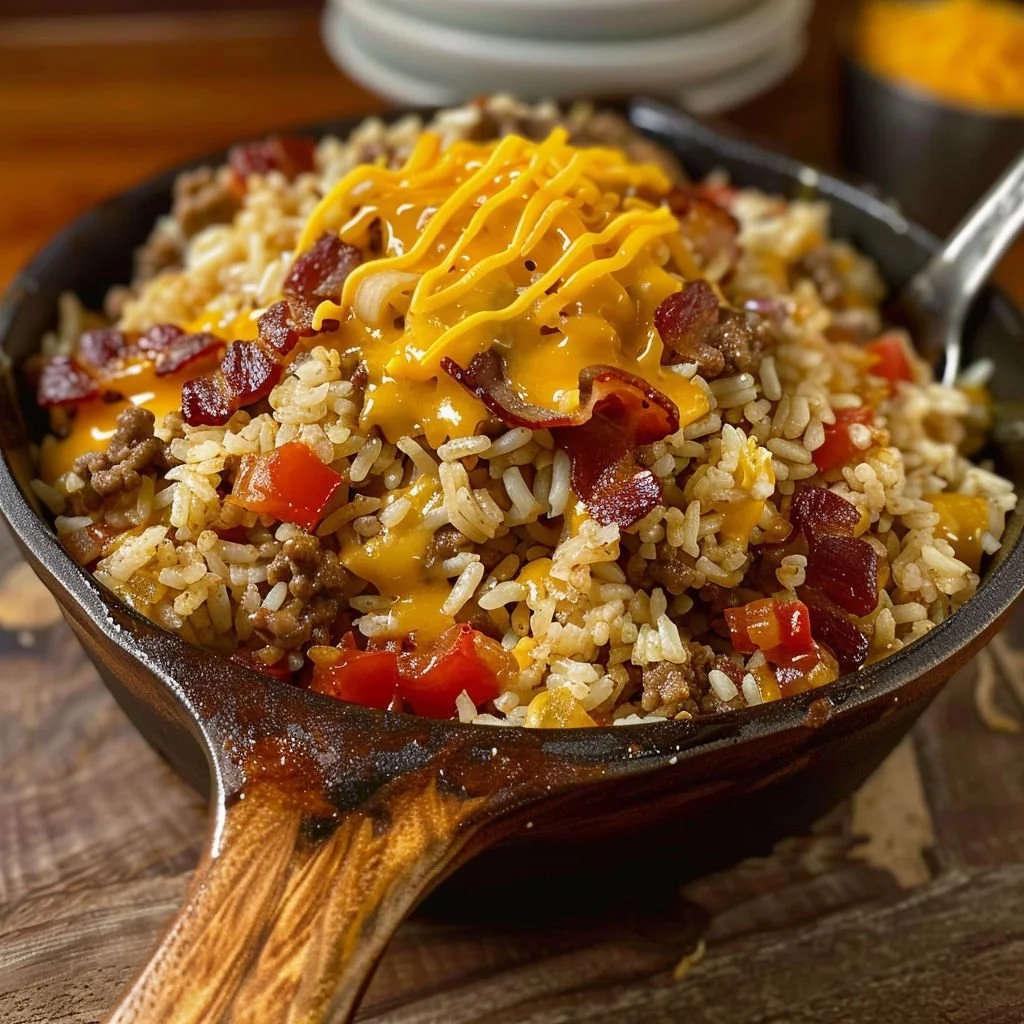 Bacon cheeseburger rice skillet garnished with fresh herbs