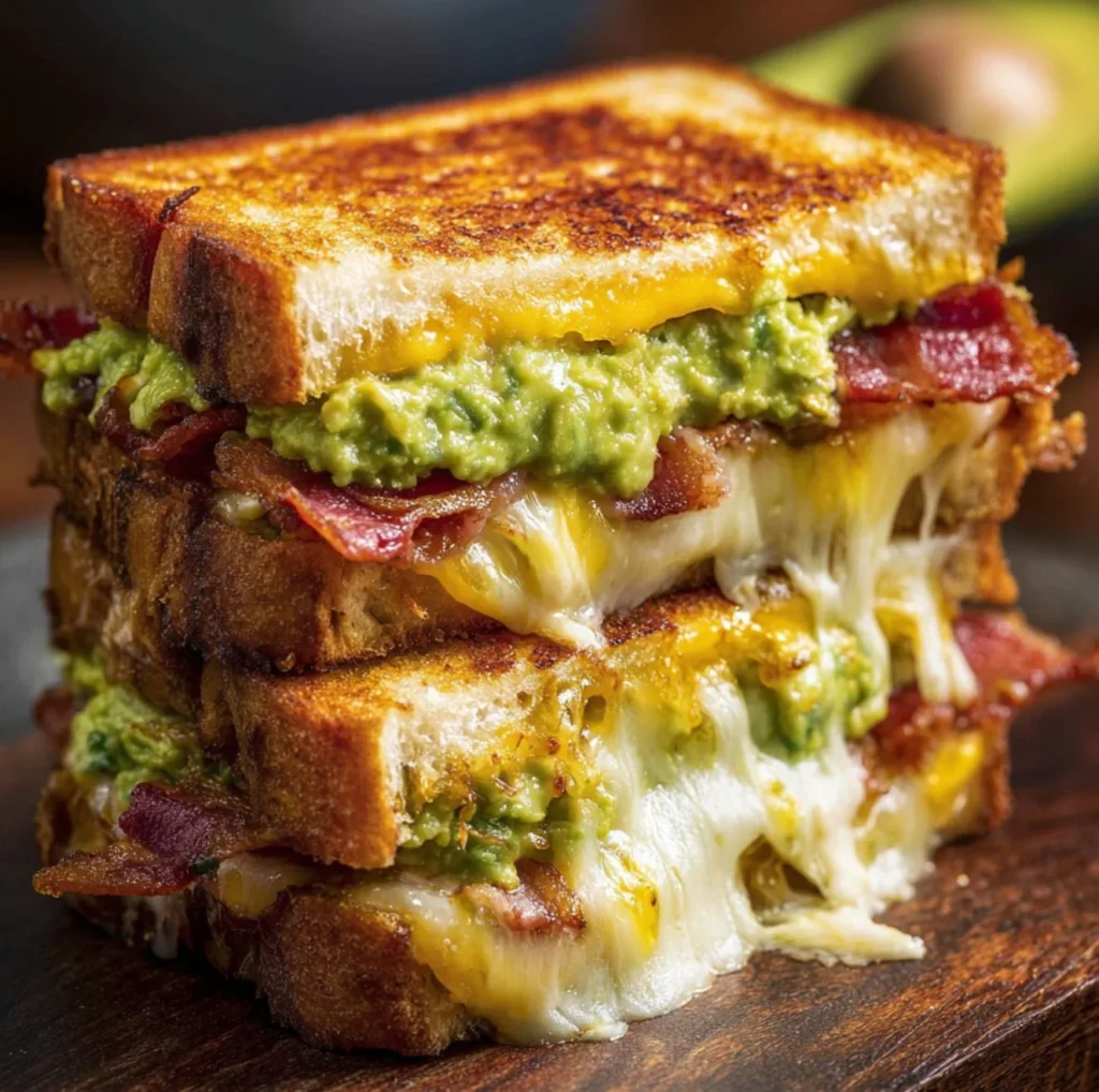 Delicious Bacon Guacamole Grilled Cheese sandwich with crispy bacon and fresh guacamole