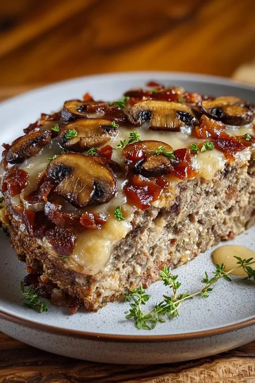 Delicious Bacon Mushroom Swiss Meatloaf served on a plate with garnish