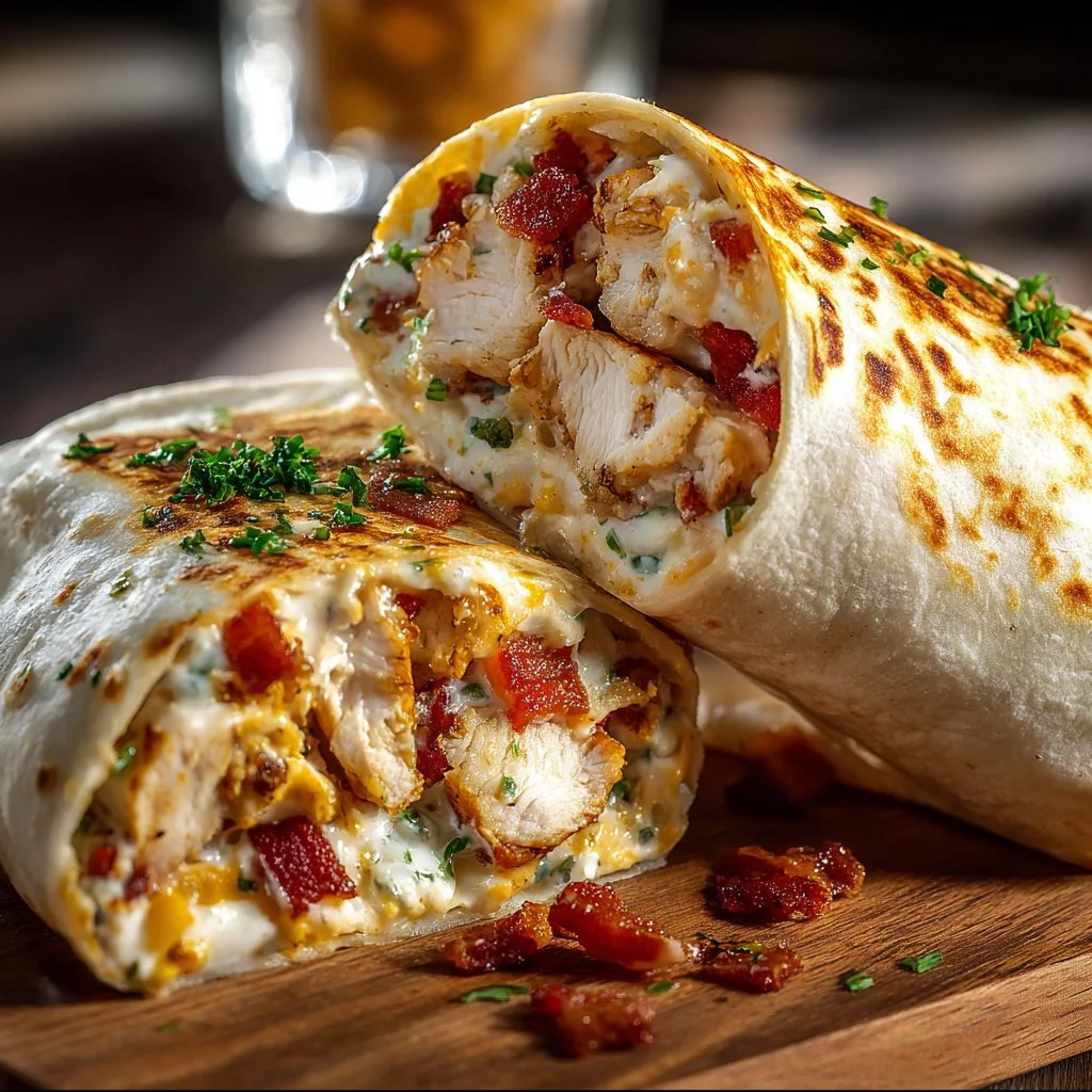 Bacon Ranch Chicken Wraps with lettuce and chicken in a tortilla