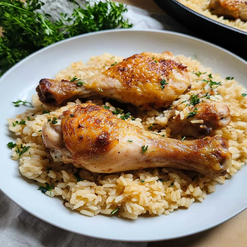 Baked chicken legs with rice served on a plate, a flavorful one-pan meal.