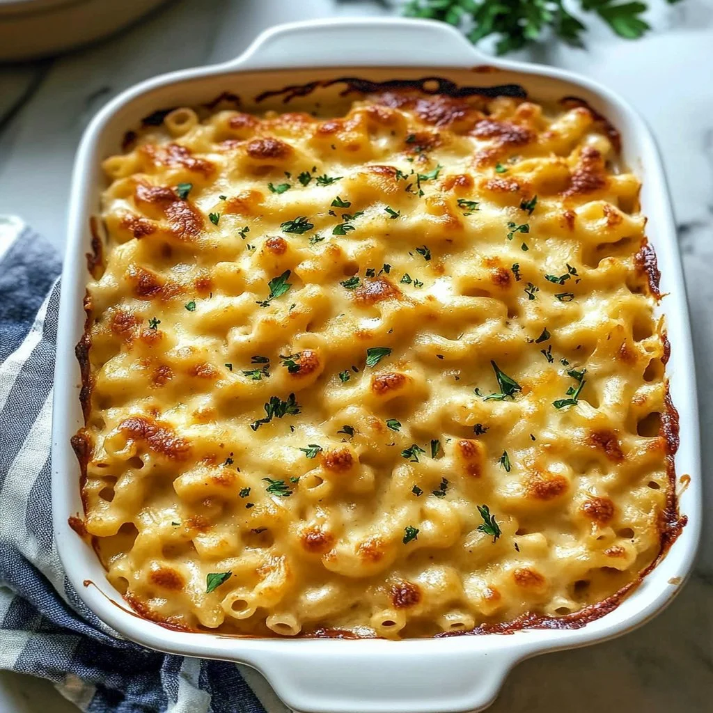 Delicious baked mac and cheese served in a dish