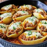 Delicious Beef-Stuffed Shells with creamy ricotta filling, garnished with herbs.
