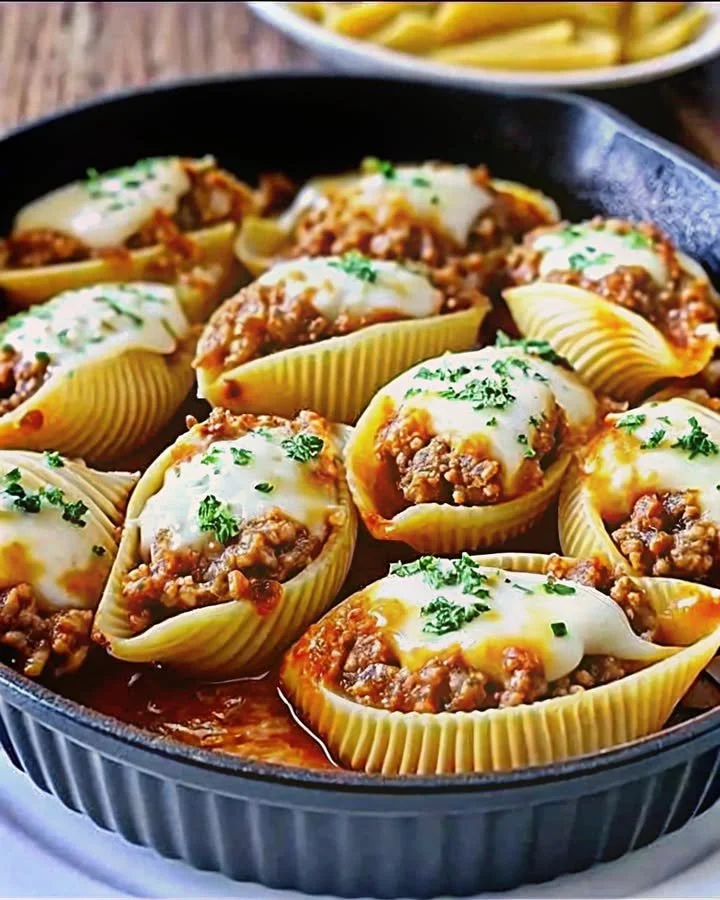 Delicious Beef-Stuffed Shells with creamy ricotta filling, garnished with herbs.