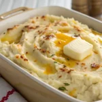 Creamy baked mashed potatoes topped with cheese and butter, perfect for holiday dinners.