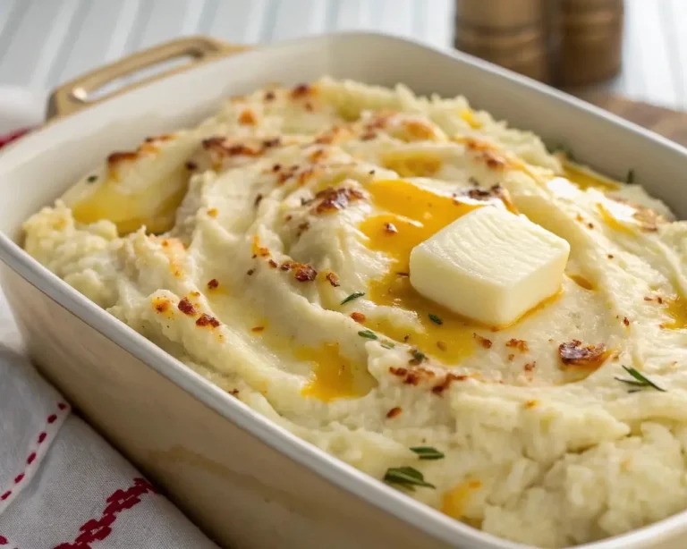 Creamy baked mashed potatoes topped with cheese and butter, perfect for holiday dinners.