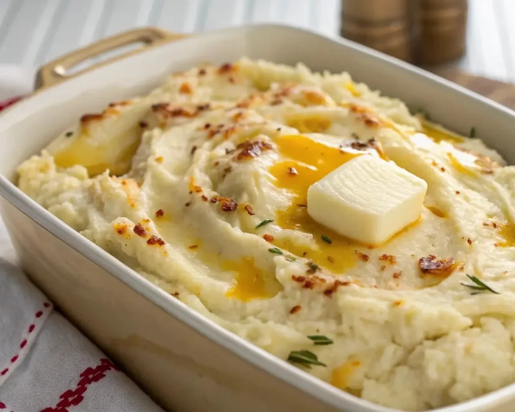 Creamy baked mashed potatoes topped with butter and cheese