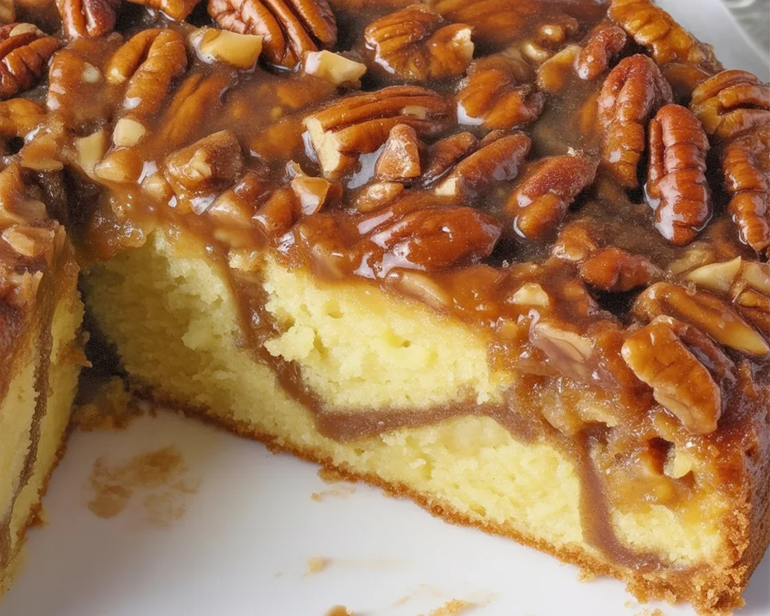 Delicious Pecan Upside Down Cake with caramelized pecans and fluffy vanilla cake.