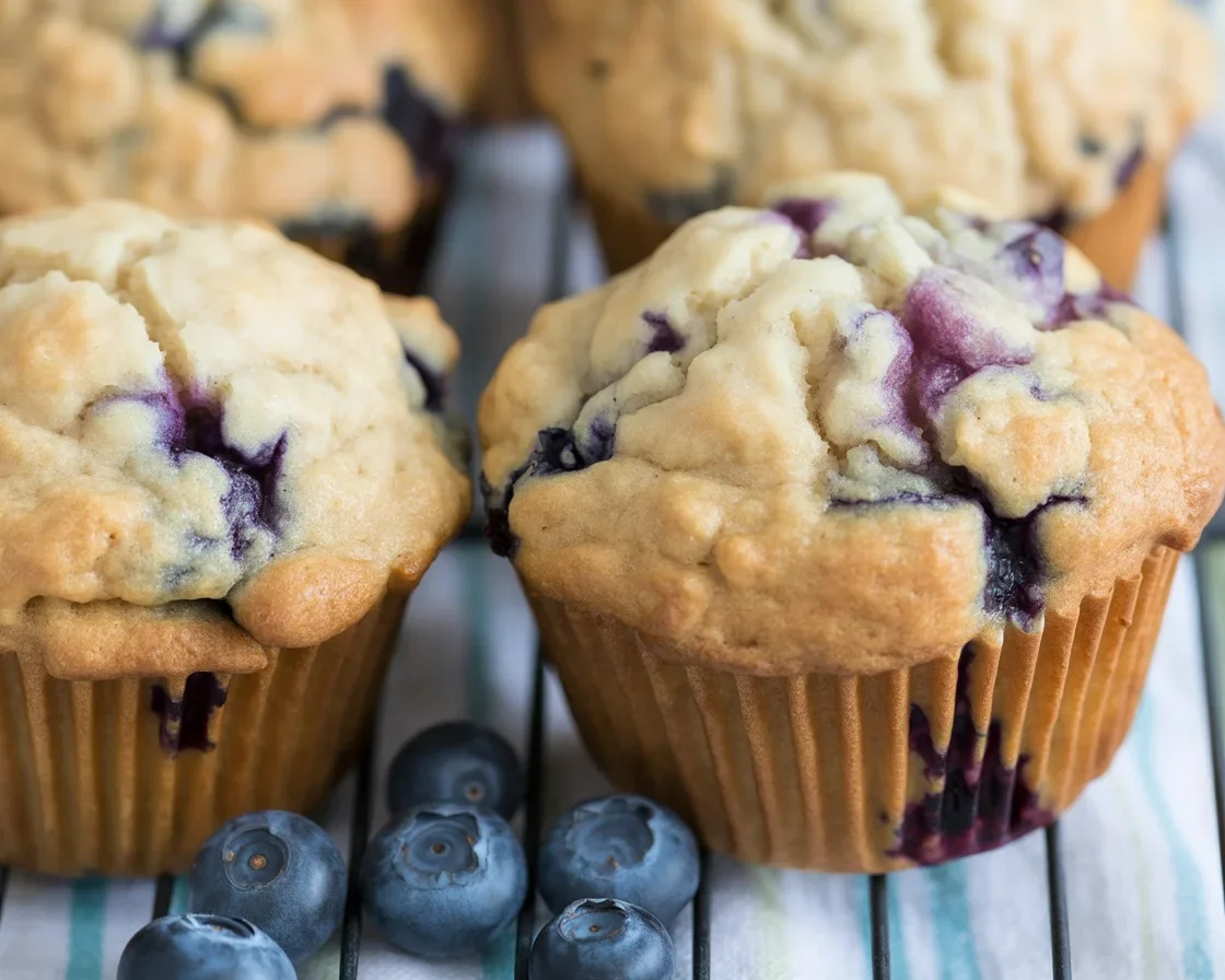 Freshly baked blueberry muffins on a cooling rack, showing moist and fluffy texture.