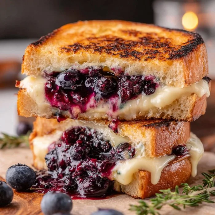 Blueberry brie grilled cheese sandwich with melted cheese and blueberries