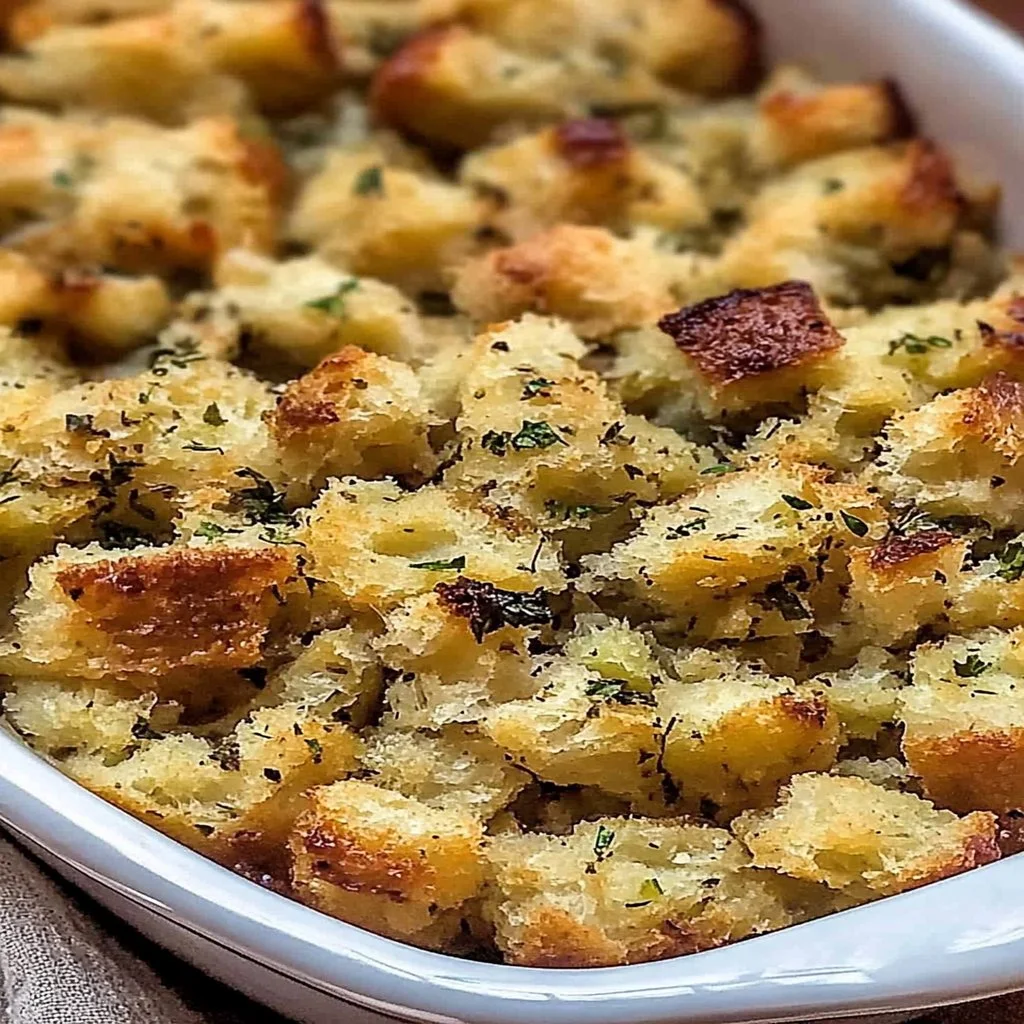 Delicious buttery herb stuffing served in a bowl, perfect for holiday meals.