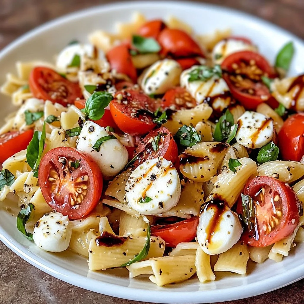 A vibrant bowl of Caprese Pasta Salad with tomatoes, mozzarella, and basil.