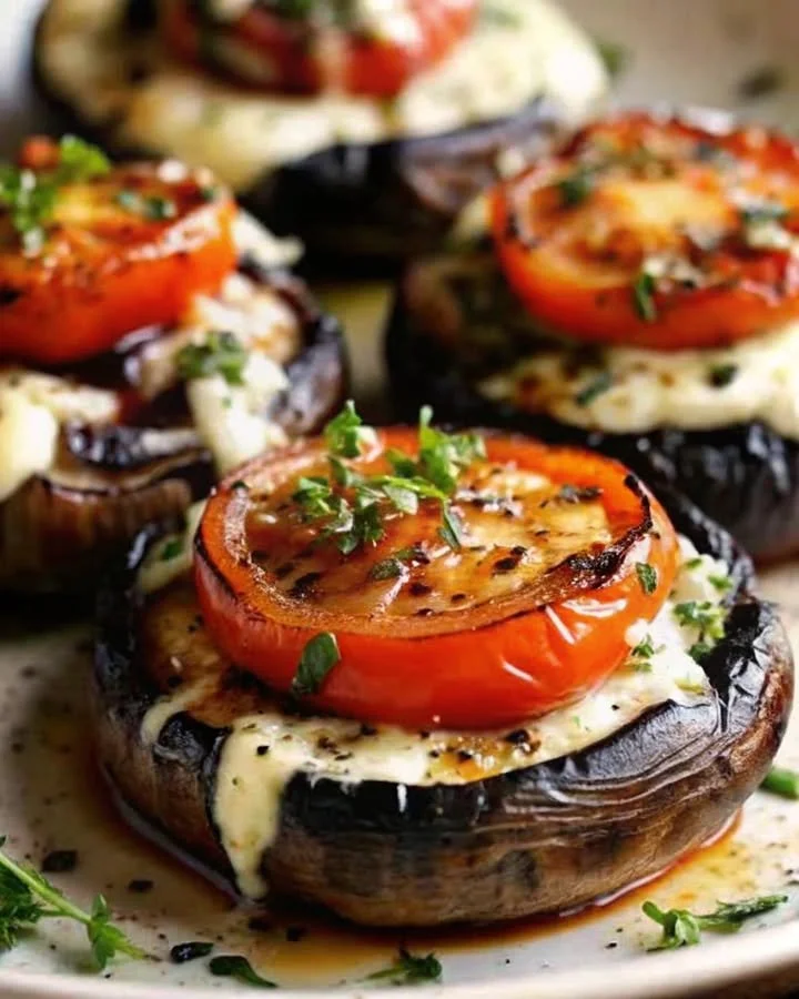 Delicious Caprese Stuffed Garlic Butter Portobellos topped with fresh basil and mozzarella