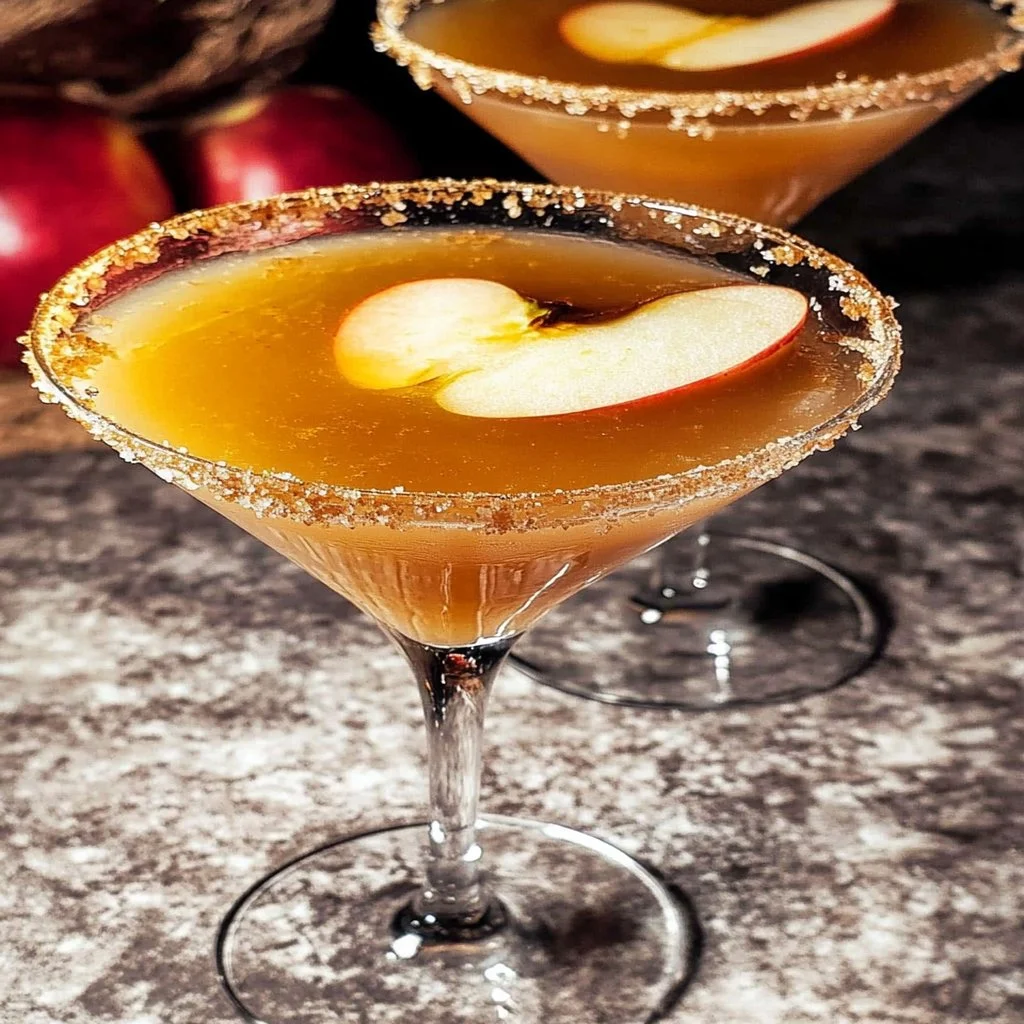 Delicious Caramel Apple Pie Martini in a glass, garnished with an apple slice.