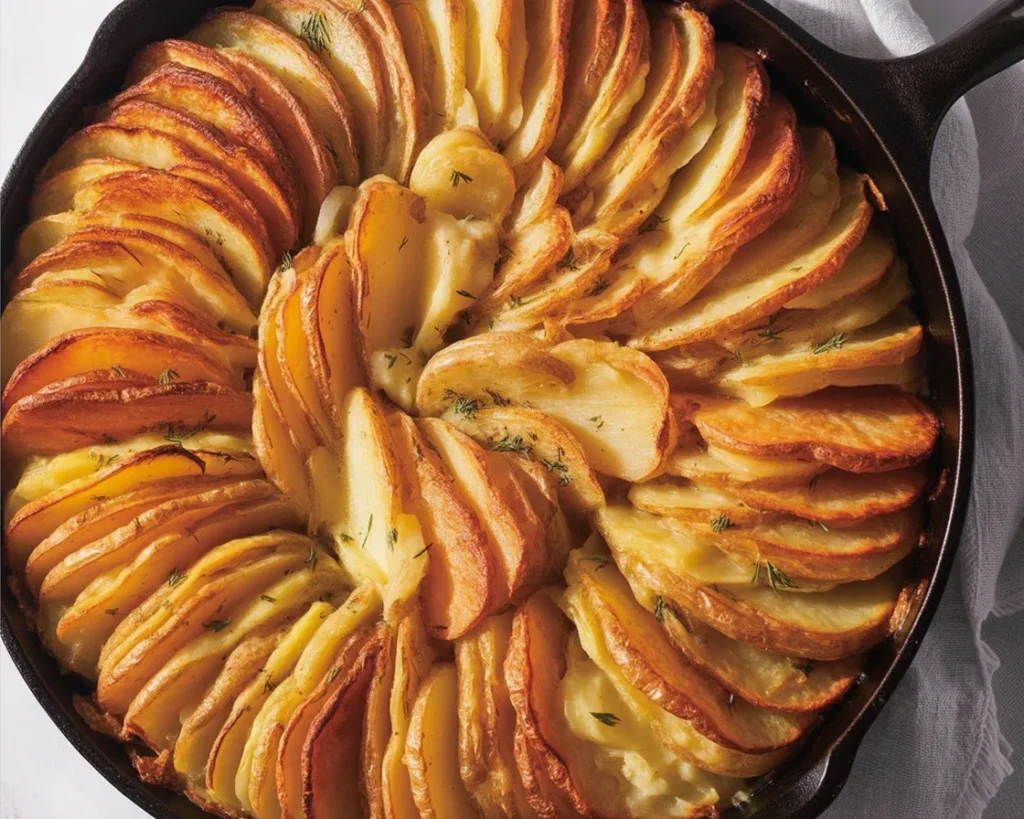 Delicious Cheese Herb Potato Gratin with creamy layers of cheese and herbs.