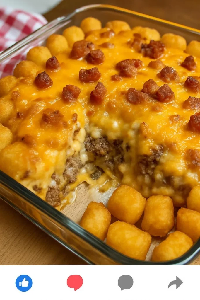 Cheesy bacon cheeseburger casserole with tater tots served in a baking dish