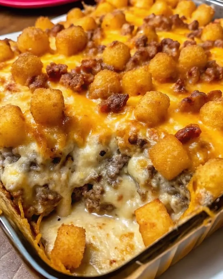 Cheesy bacon cheeseburger tater tot casserole topped with melted cheese.