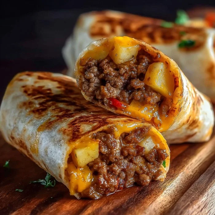 Cheesy beef potato burritos on a plate, garnished and ready to serve.