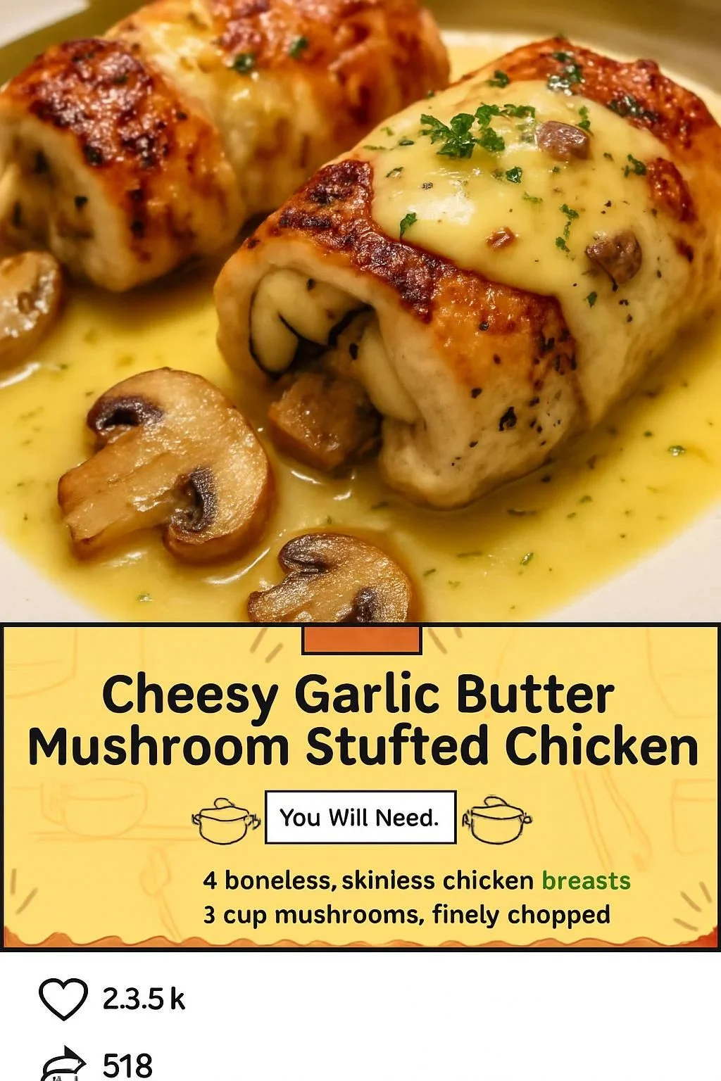 Cheesy Garlic Butter Mushroom Stuffed Chicken served on a plate