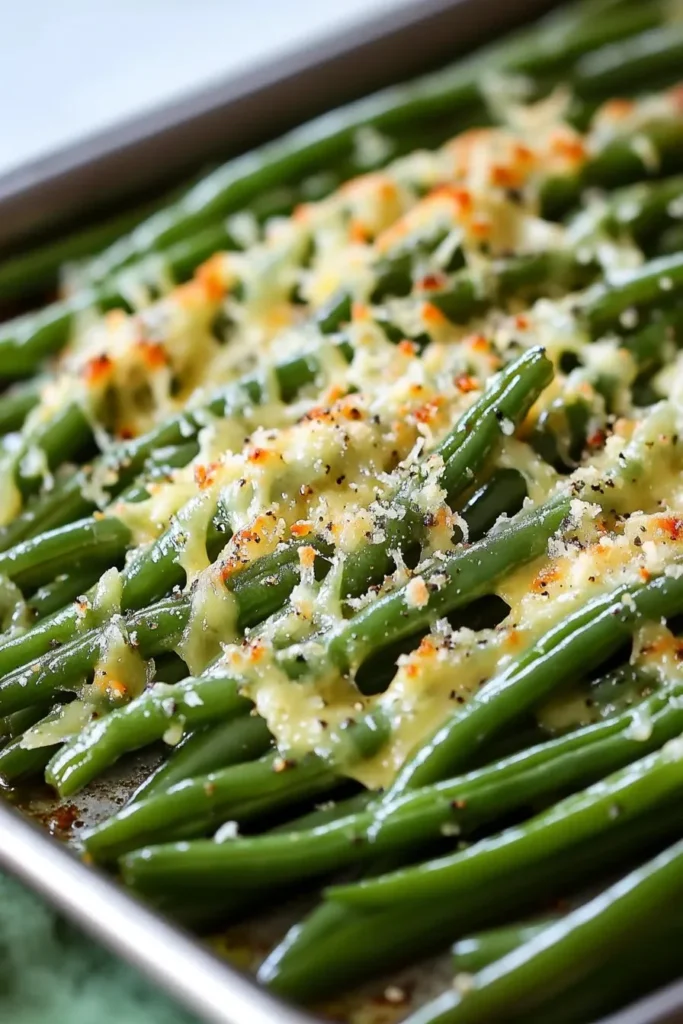 Bowl of Cheesy Garlic Green Beans garnished with cheese and garlic