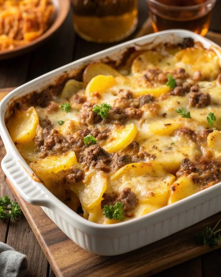 Cheesy Hamburger Potato Casserole baked with ground beef and cheesy goodness