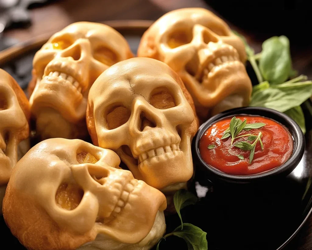 Delicious cheesy pizza skulls filled with sauce and cheese, perfect for Halloween.