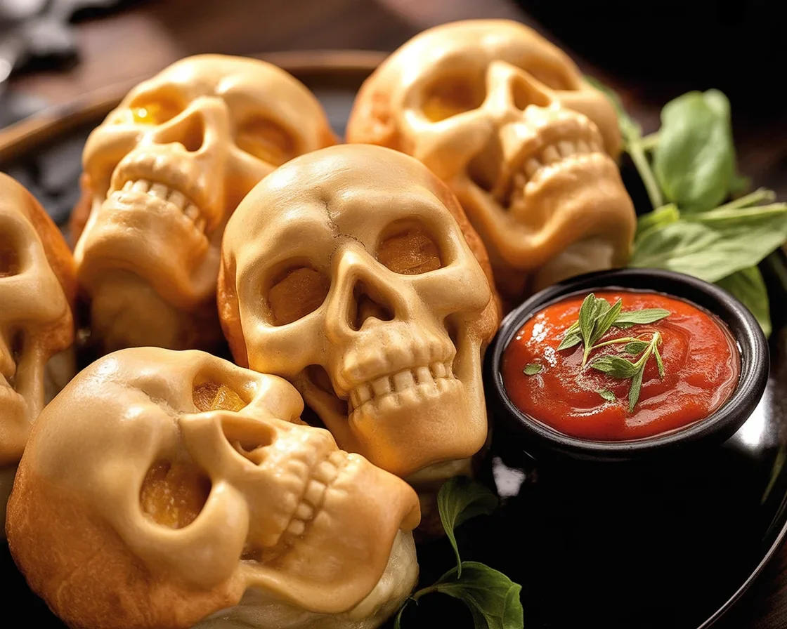 Delicious cheesy pizza skulls filled with sauce and cheese, perfect for Halloween.