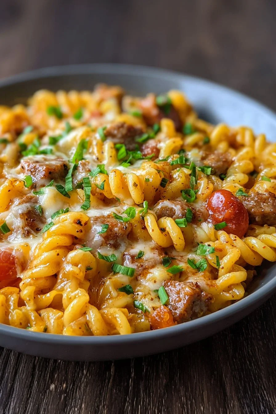 Cheesy sausage pasta skillet topped with melted cheese and herbs