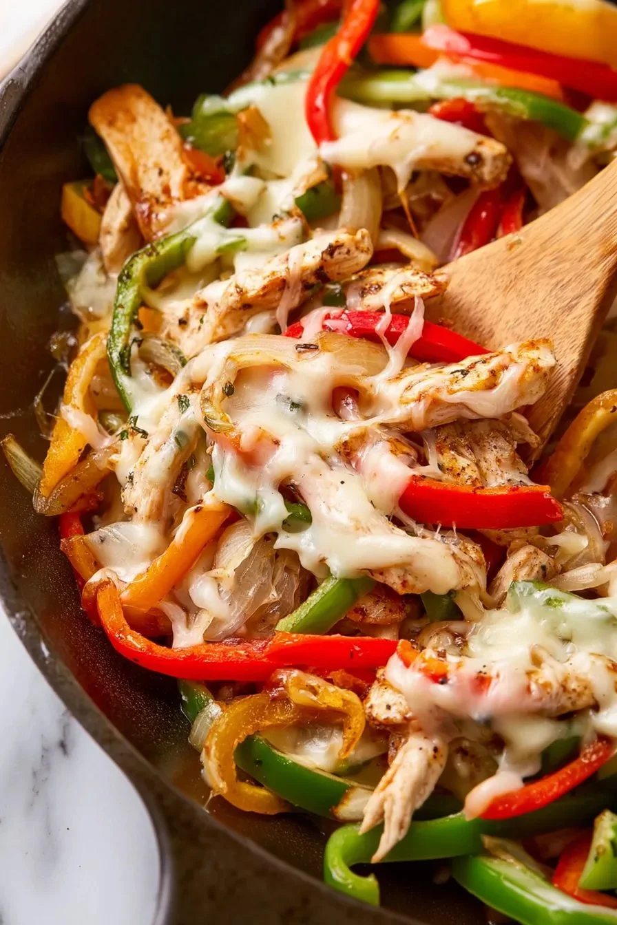 Delicious Chicken Cheesesteak Skillet served with colorful peppers and melted cheese