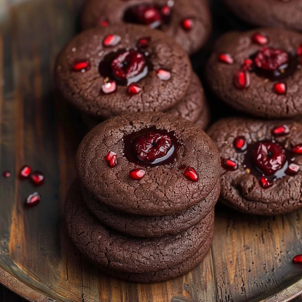 Freshly baked chocolate cherry cookies with chocolate chips and cherries