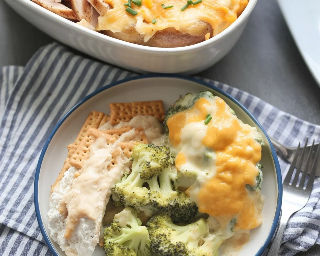 Delicious Broccoli Cheese Casserole with buttery Ritz cracker topping served in a dish.