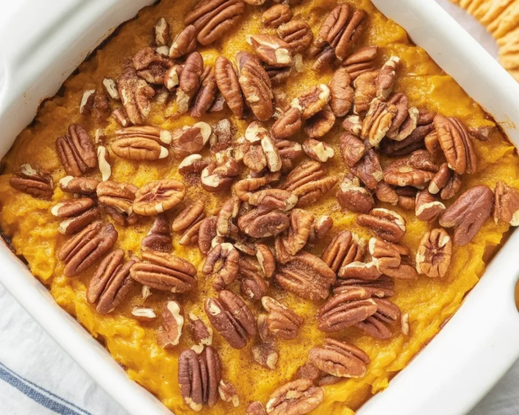 Delicious Butternut Squash Casserole with creamy Parmesan topping on a rustic table.