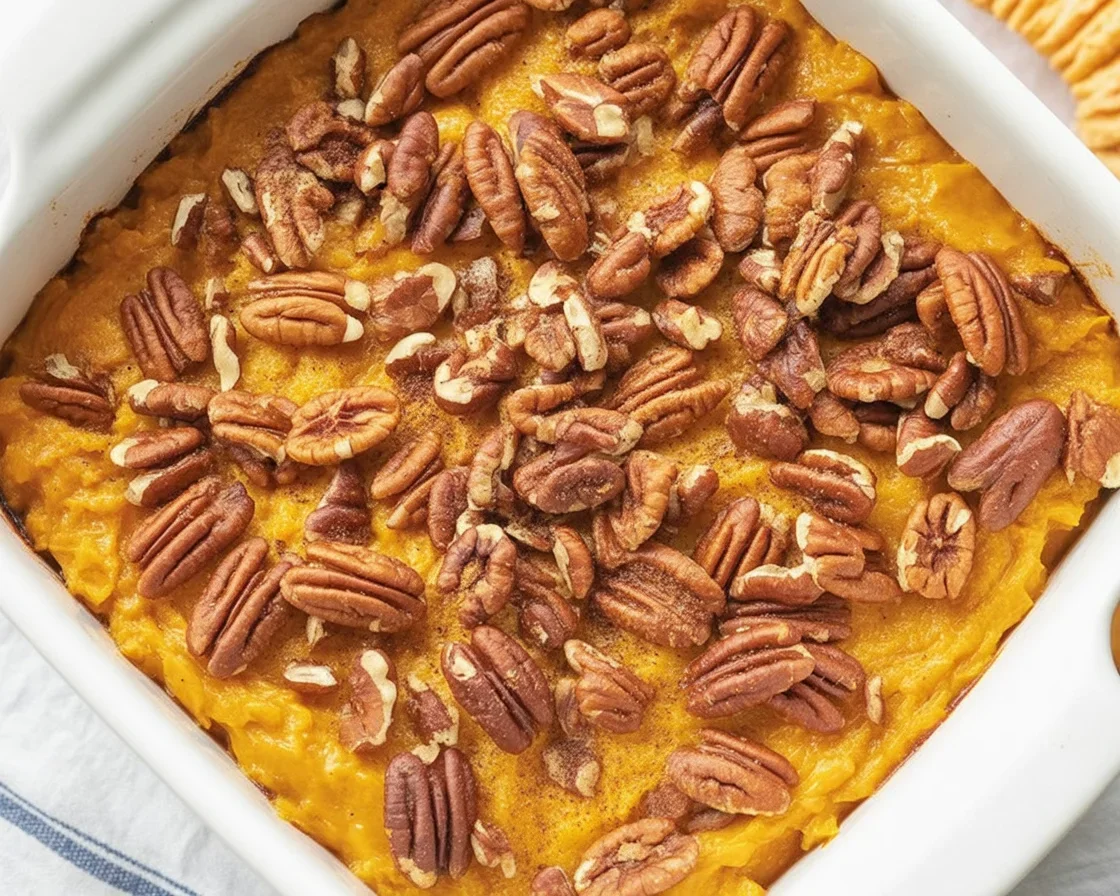 Delicious Butternut Squash Casserole with creamy Parmesan topping on a rustic table.
