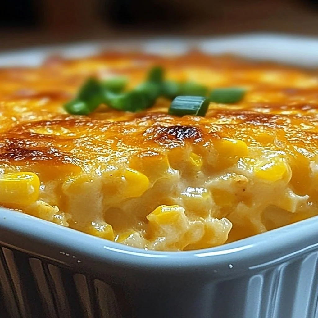 Delicious crack corn casserole topped with cheese in a baking dish.